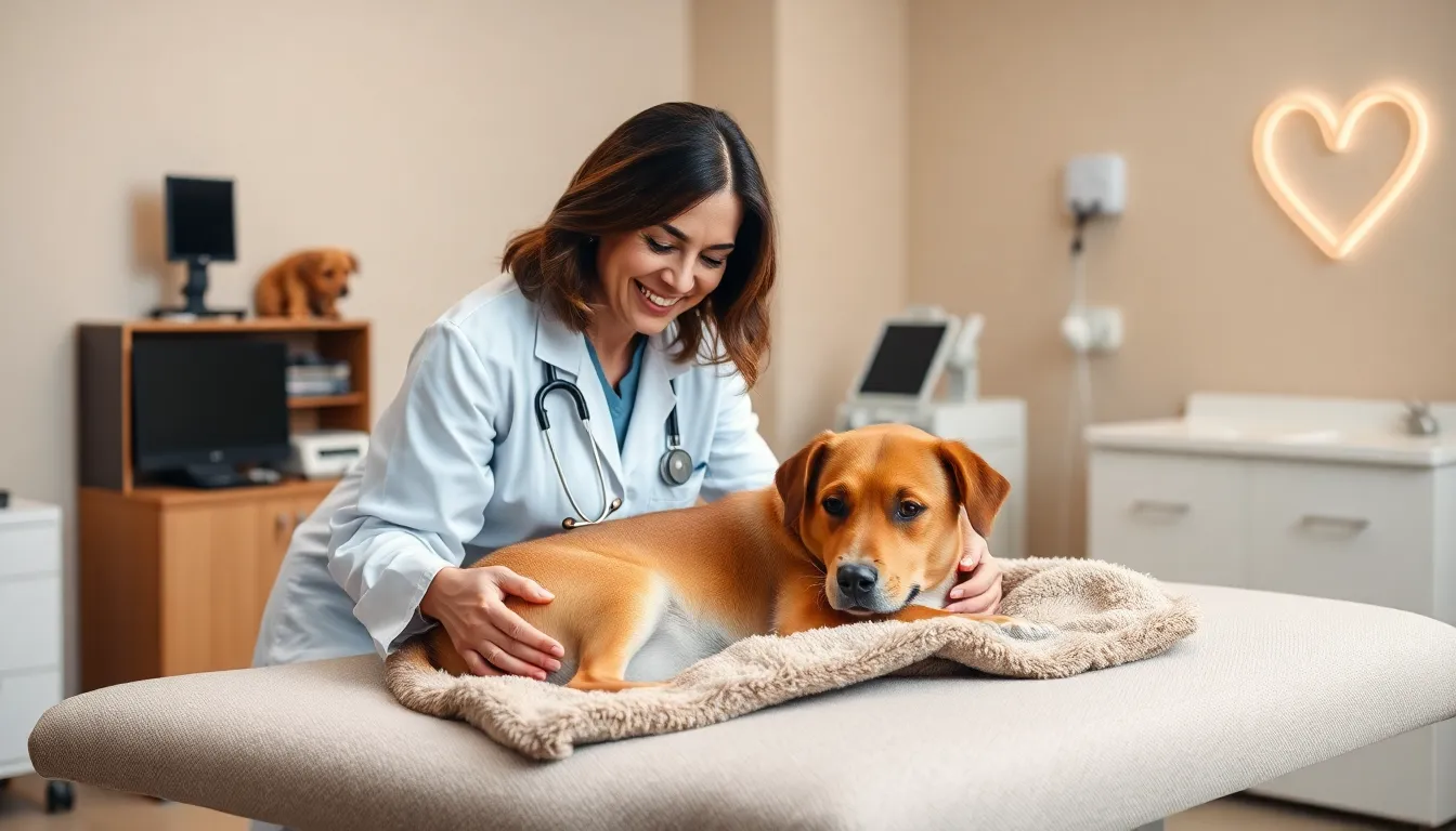 Veterinarian supporting a dog in a serene veterinary setting.
