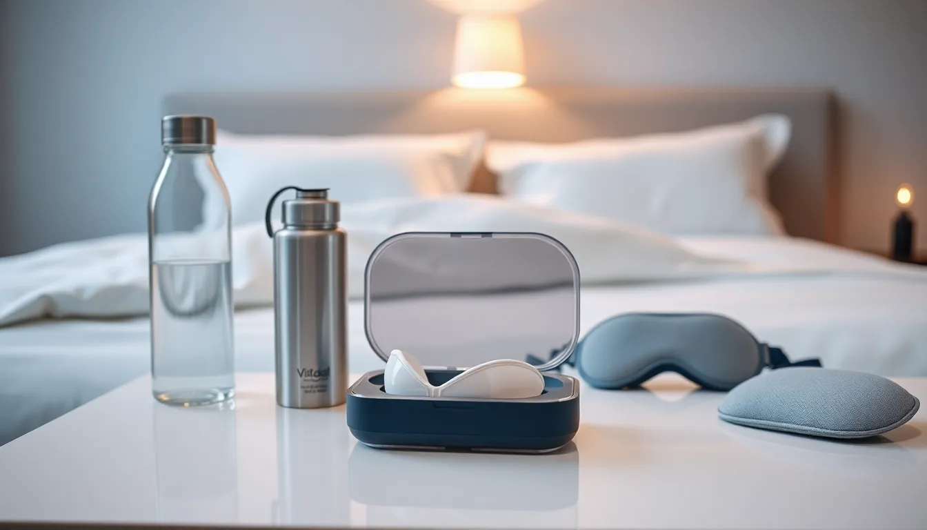vital sleep mouth guard on a bedside table in a modern bedroom.
