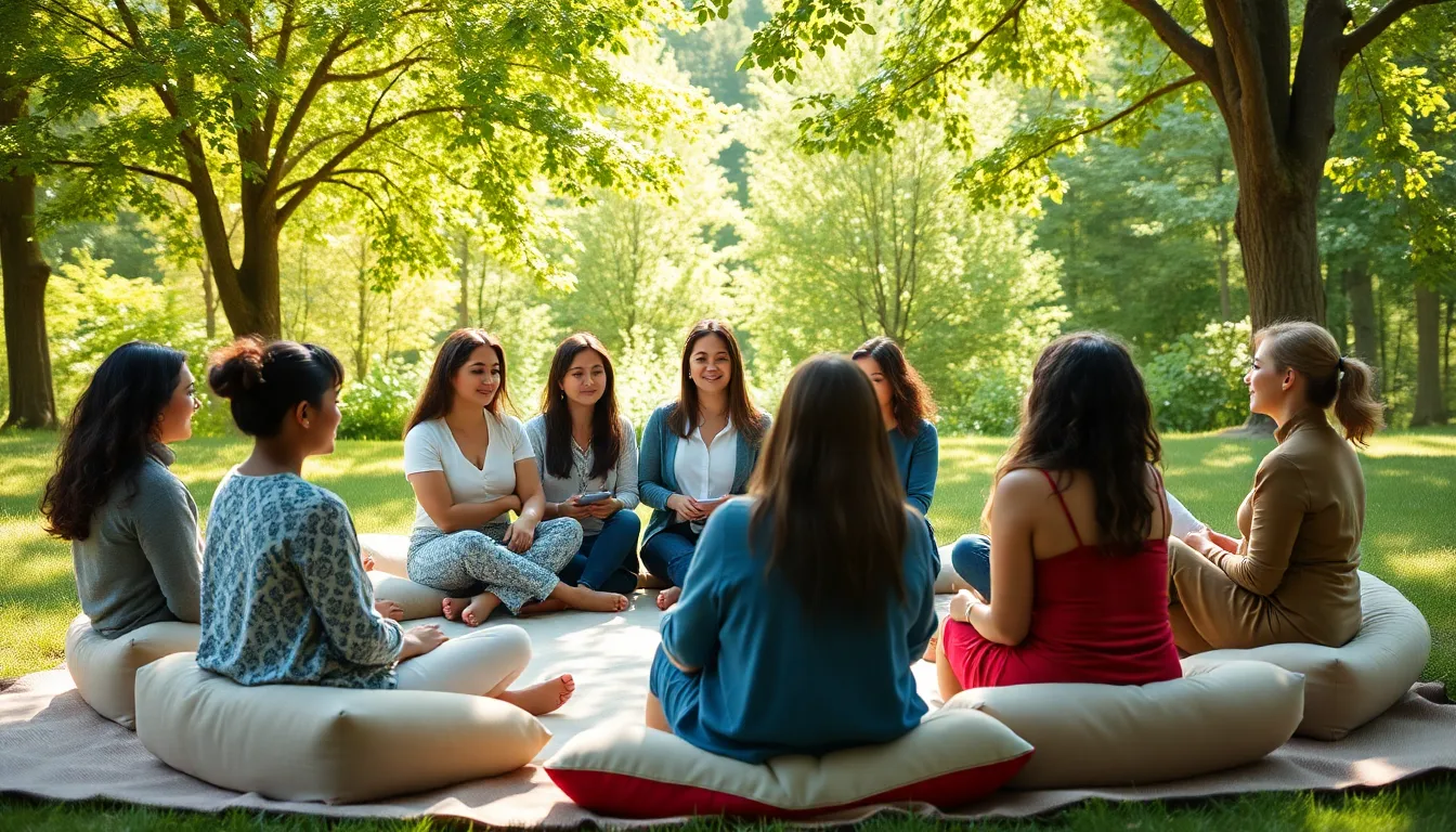 diverse women participating in a mental health retreat outdoors.