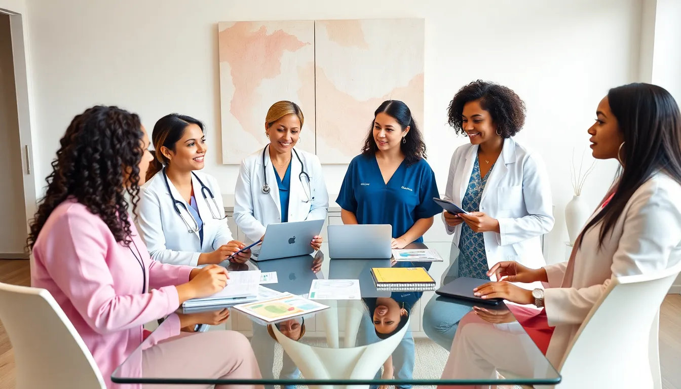 diverse women healthcare professionals discussing women's health in a modern office.