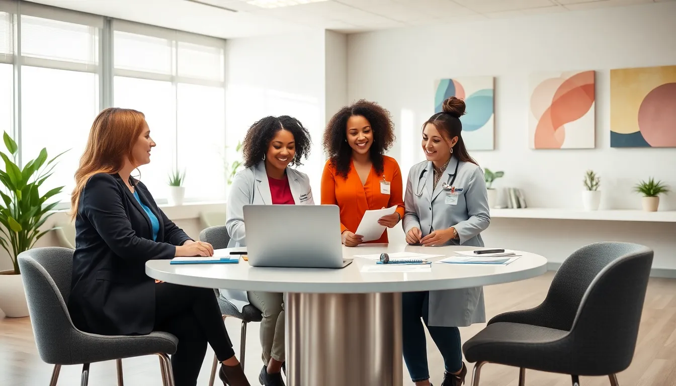 three professional women discussing healthcare in a modern clinic.